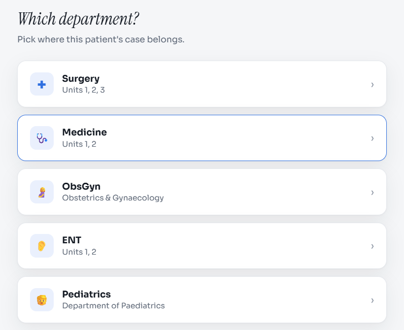 Choosing the department in the app